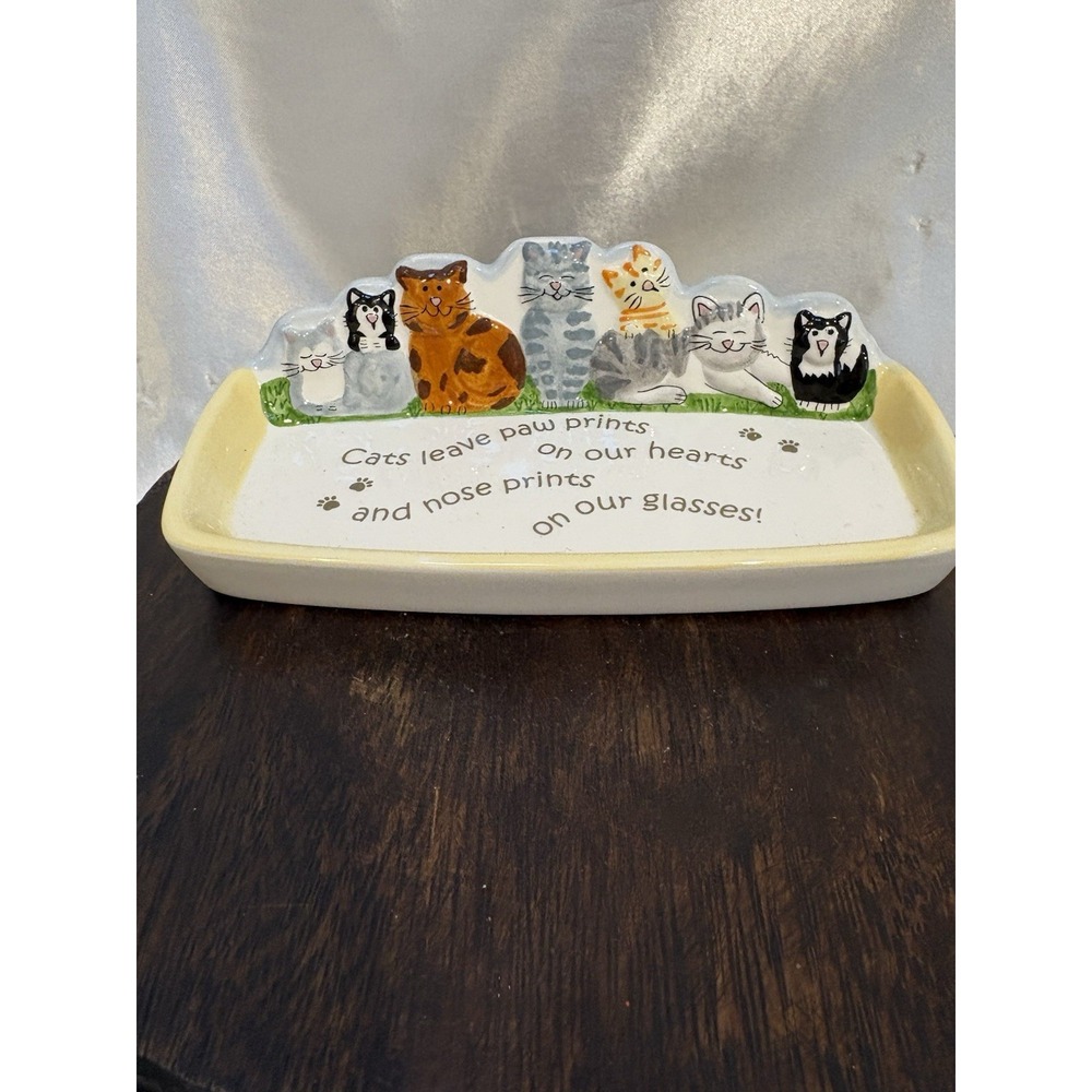 CuteCeramic Eyeglass Holder Tray Trinket Dish Cats Leave Paw Prints on Our Heart